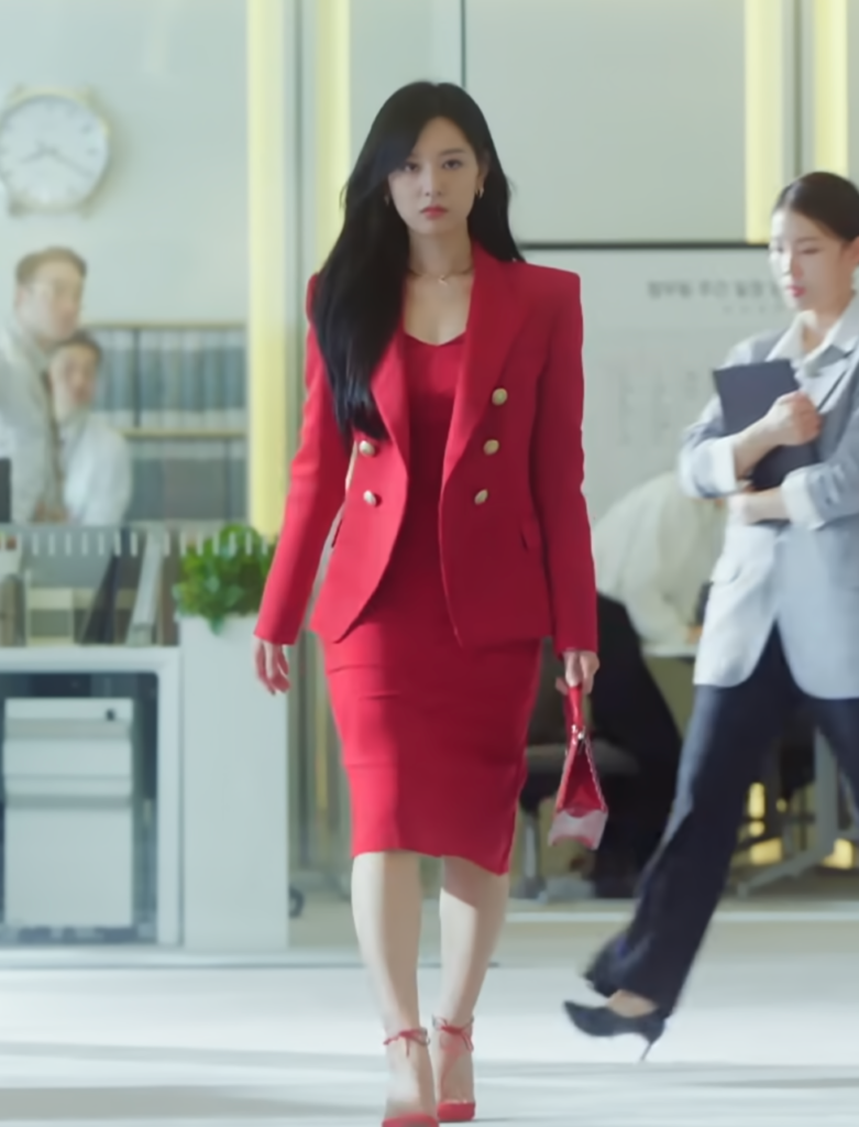 Queen of Tears. Kim Ji-won in red outfit.